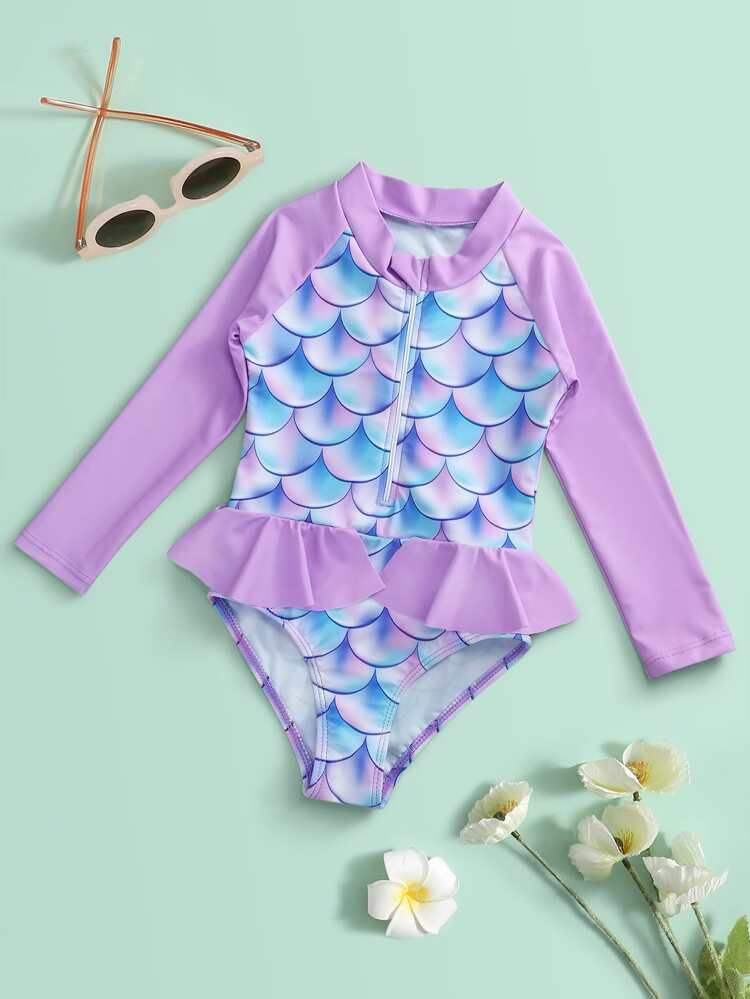 Toddler Girls Fish Scale Print Ruffle One Piece Swimsuit | SHEIN