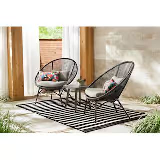 StyleWell Dark Gray 3-Piece Steel Papasan Rope Outdoor Patio Conversation Seating Set with Gray C... | The Home Depot
