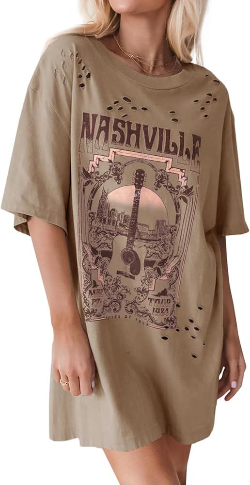 Imily Bela Womens Nashville Oversized T Shirts Country Concert Outfits Hollow Out Guitar Graphic ... | Amazon (US)
