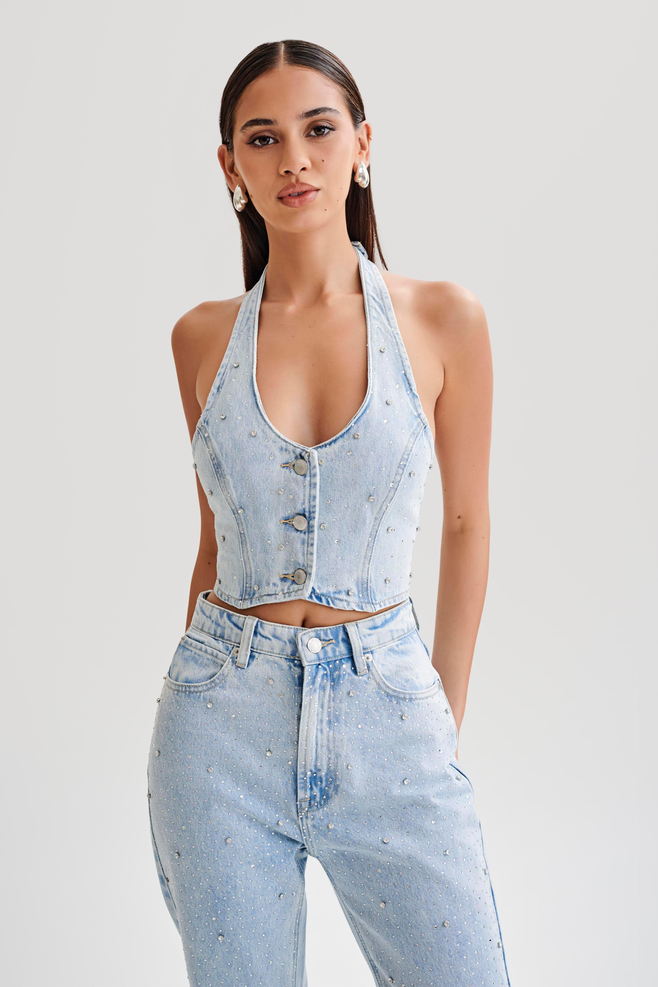Kieryn Embellished Denim Vest - Light Blue | MESHKI US
