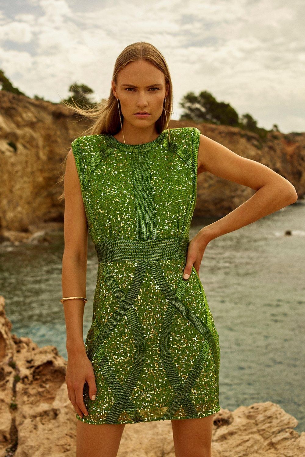Crystal Embellished Strong Shoulder Mini Dress | Karen Millen UK + IE + DE + NL