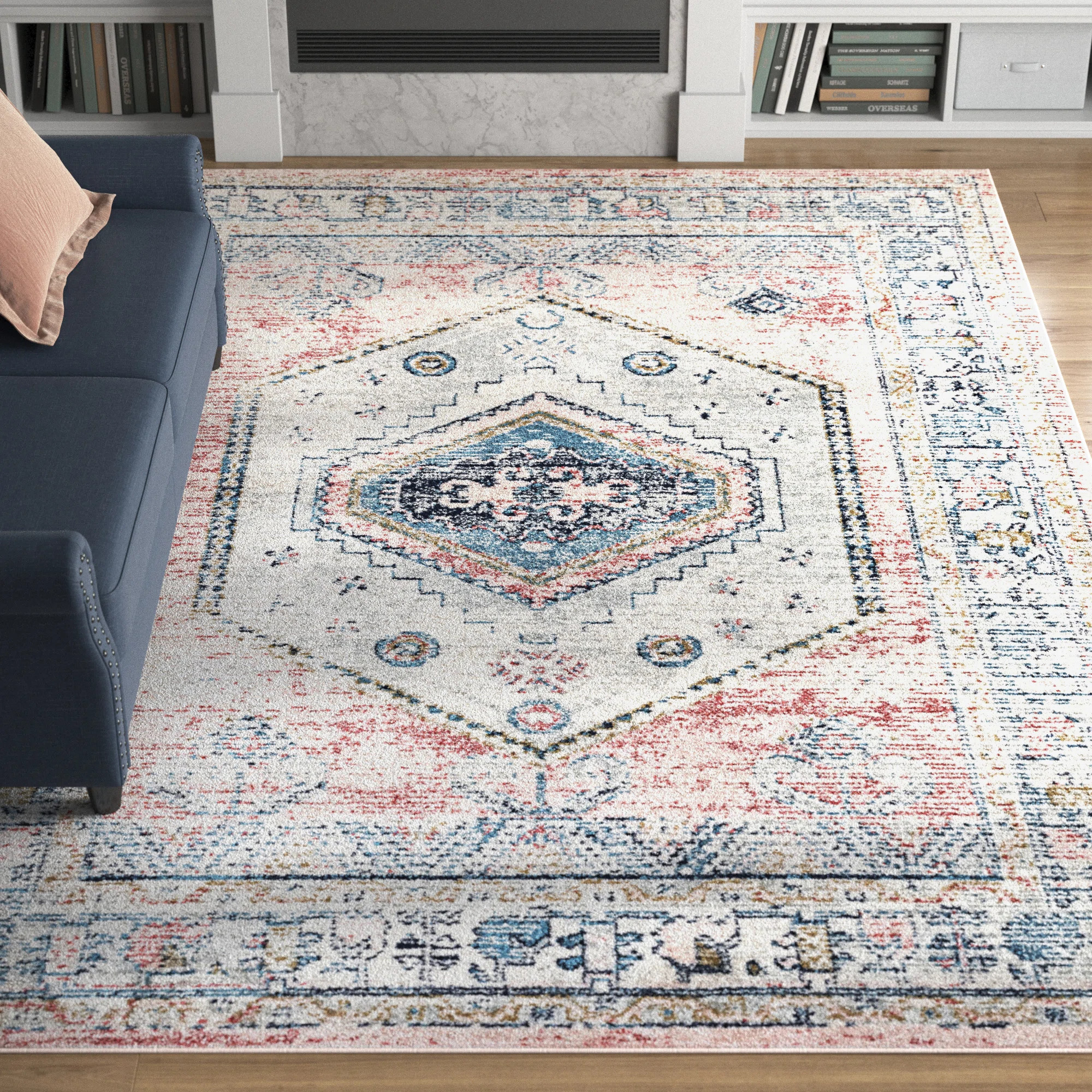 Hiott Faded Vintage Medallion Machine Woven / Power Loomed Performance Light Pink/Blue Rug | Wayfair North America