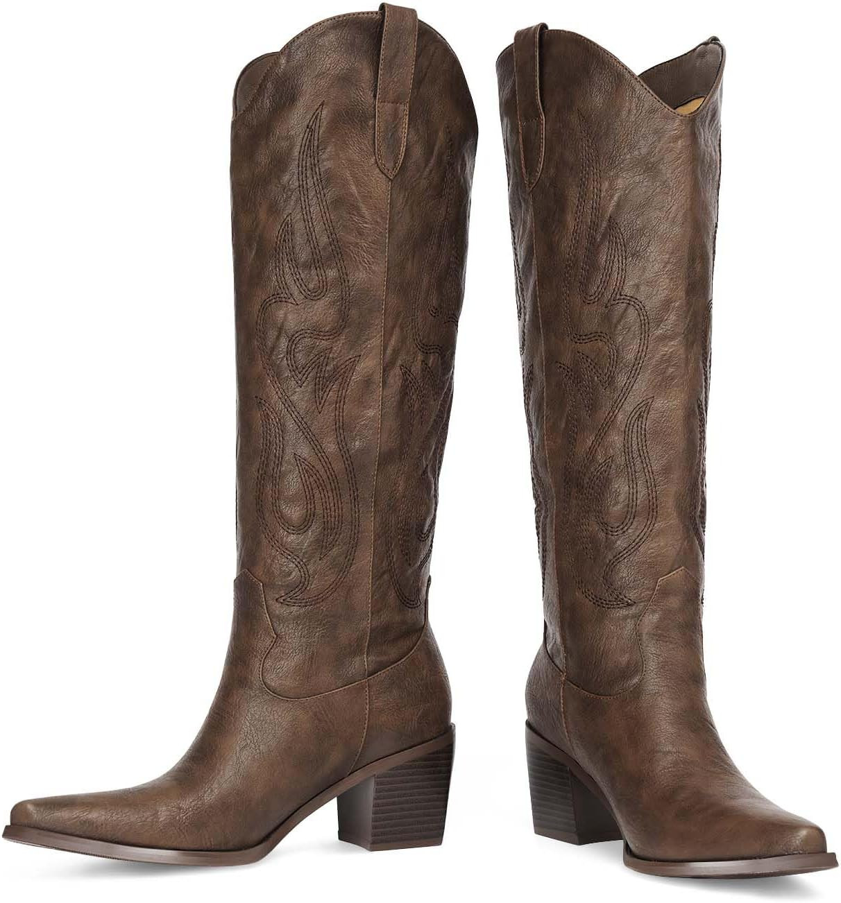 Pasuot Rhinestone Cowboy Boots for Women - Wide Calf Knee High Cowgirl Boots with Side Zipper and... | Amazon (US)