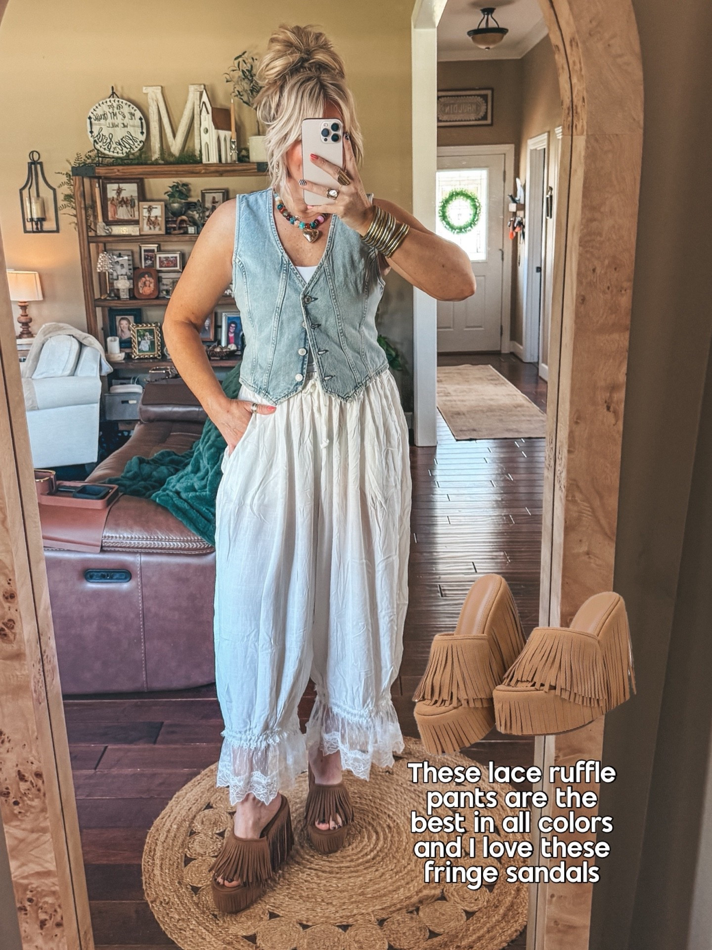 I love this fit and these fringe sandals are perfect!! Denim vest is older so linking similar. 
#easteroutfit #springoutfit #whitepants #amazonfashion 

#LTKOver40 #LTKootd