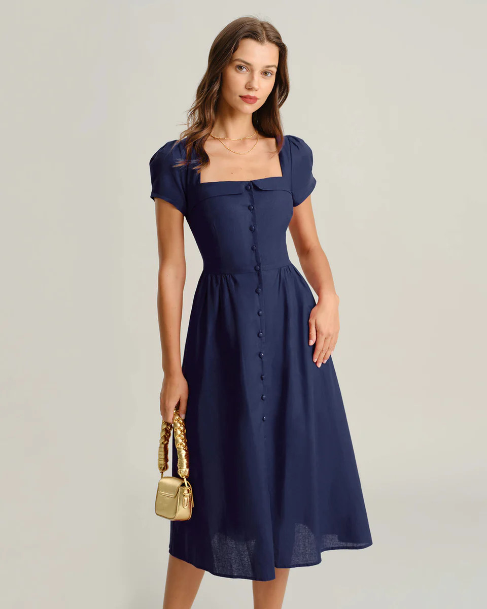 Navy Square Neck Short Sleeves A-Line Midi Dress | rihoas.com
