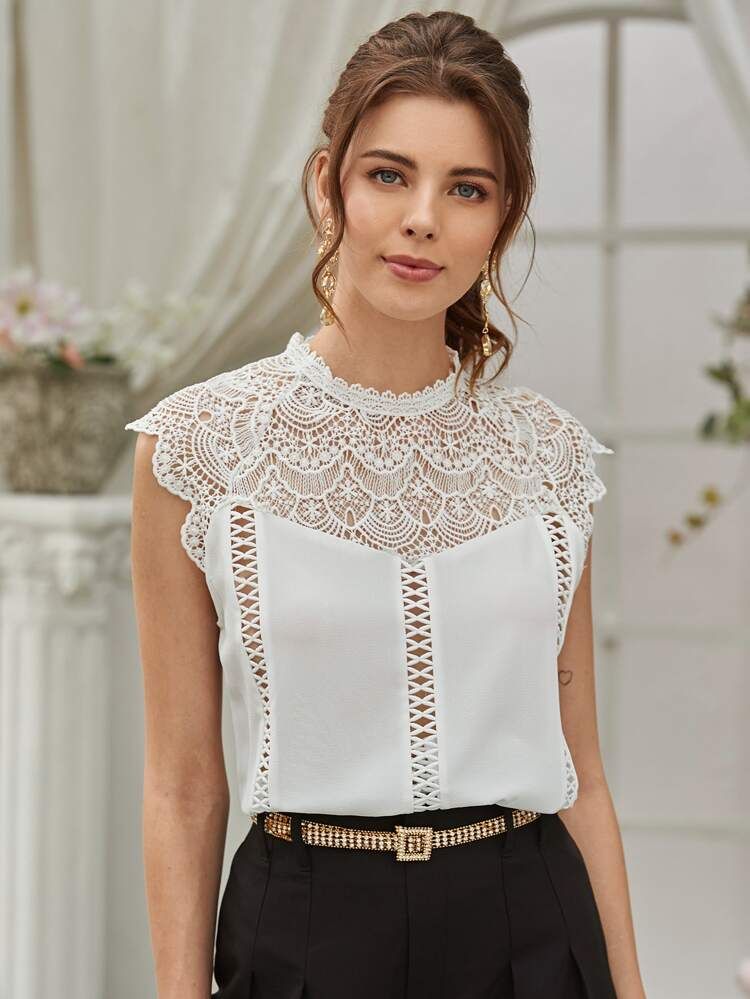 Hollow Out Crochet Keyhole Back Blouse | SHEIN