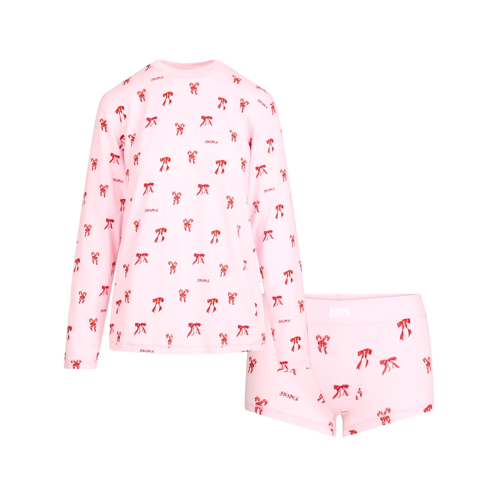 BOYFRIEND LONG SLEEVE T-SHIRT AND SHORT BOXER SET | CHERRY BLOSSOM CANDY BOW PRINT | SKIMS (US)