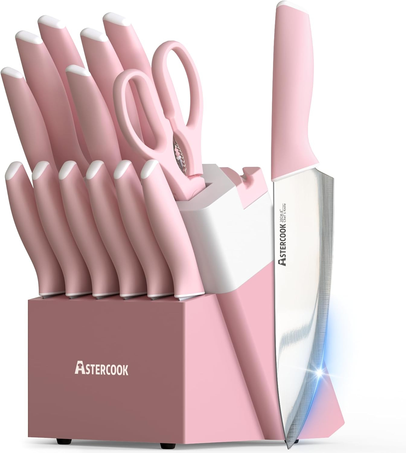 Astercook Knife Set, Kitchen Knives Set with Block and Sharpener 15 Pcs German Stainless Steel Sharp Blade Dishwasher Safe with Ergonomic Handle, Crystal Pink | Amazon (US)