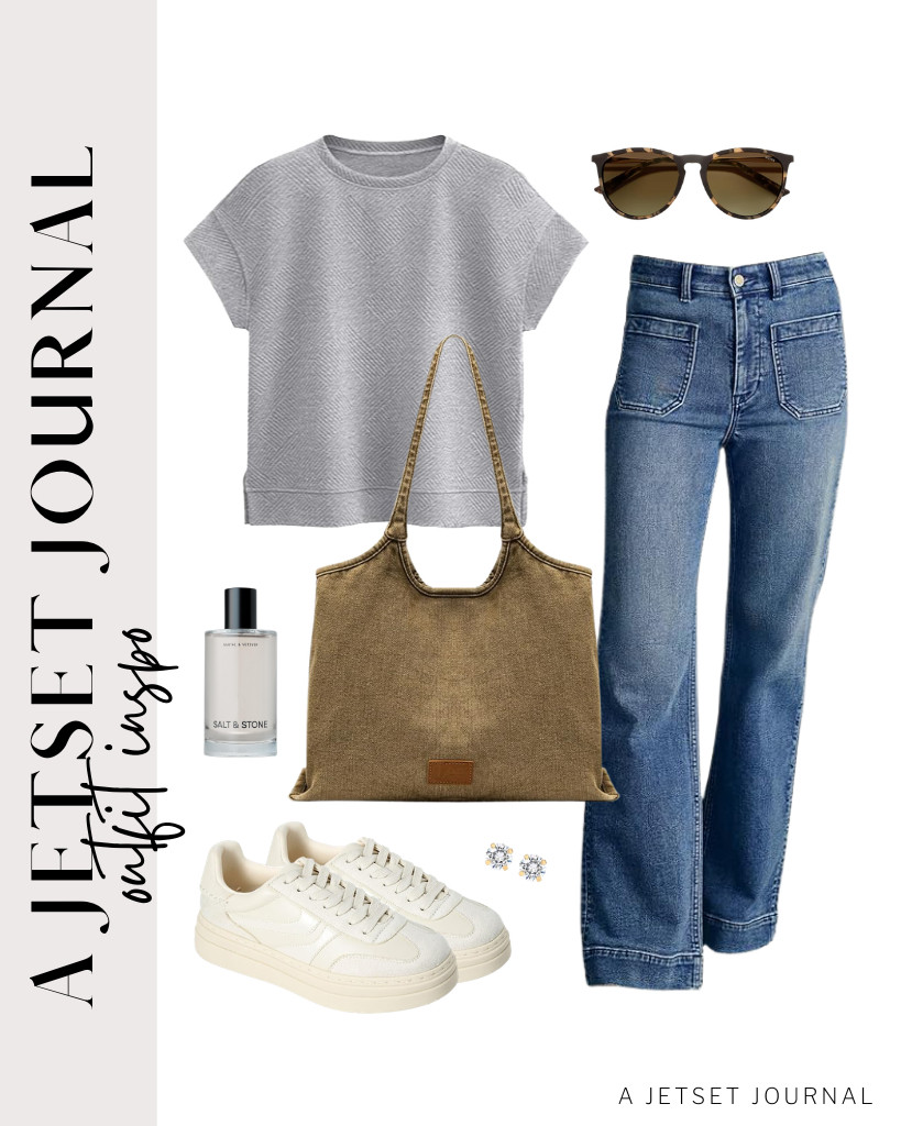 For your first outfit, you can pair this gray short-sleeved top from PRETTYGARDEN with Astylish wide-leg jeans. These platform sneakers from Project Cloud and Lee’s denim tote bag are perfect for this look. 

 #LTKSeasonal #LTKSaleAlert #LTKTravel