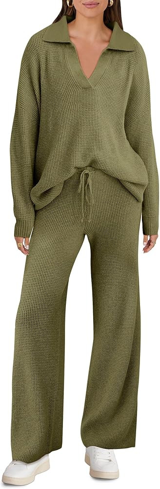 ANRABESS Womens Two Piece Outfits Sweater Sets Waffle Knit Pullover Wide Leg Pants Tracksuit Swea... | Amazon (US)