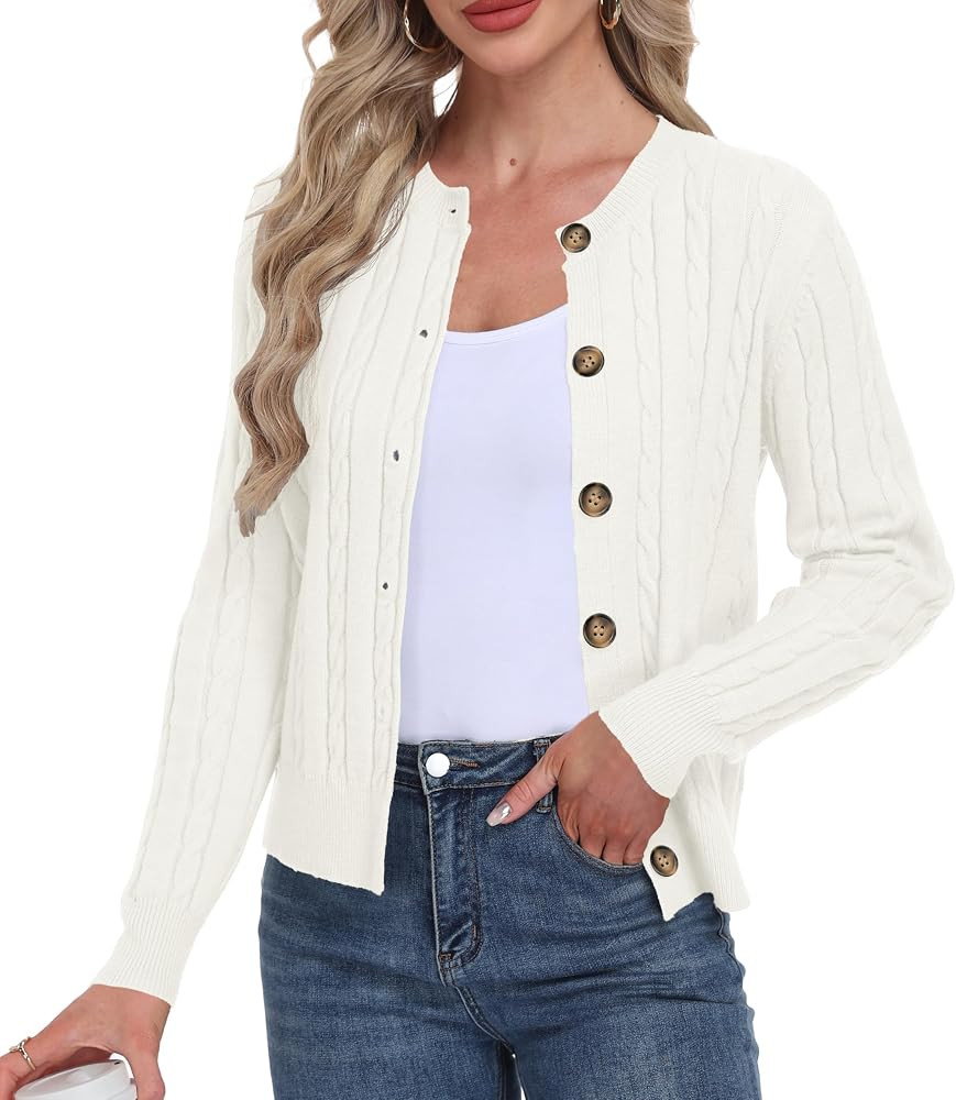 GRECERELLE Women's Long Sleeve Cable Knit Button Down Crew Neck Casual Cardigan Sweater, S-2XL | Amazon (US)