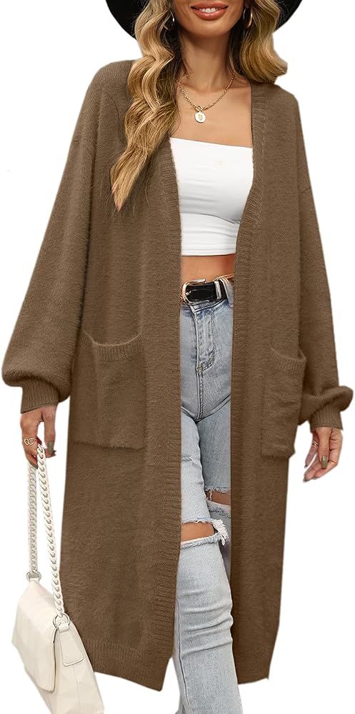 Angashion Women's Long Sleeves Leopard Print Knitting Cardigan Open Front Warm Sweater Outwear Coats | Amazon (US)