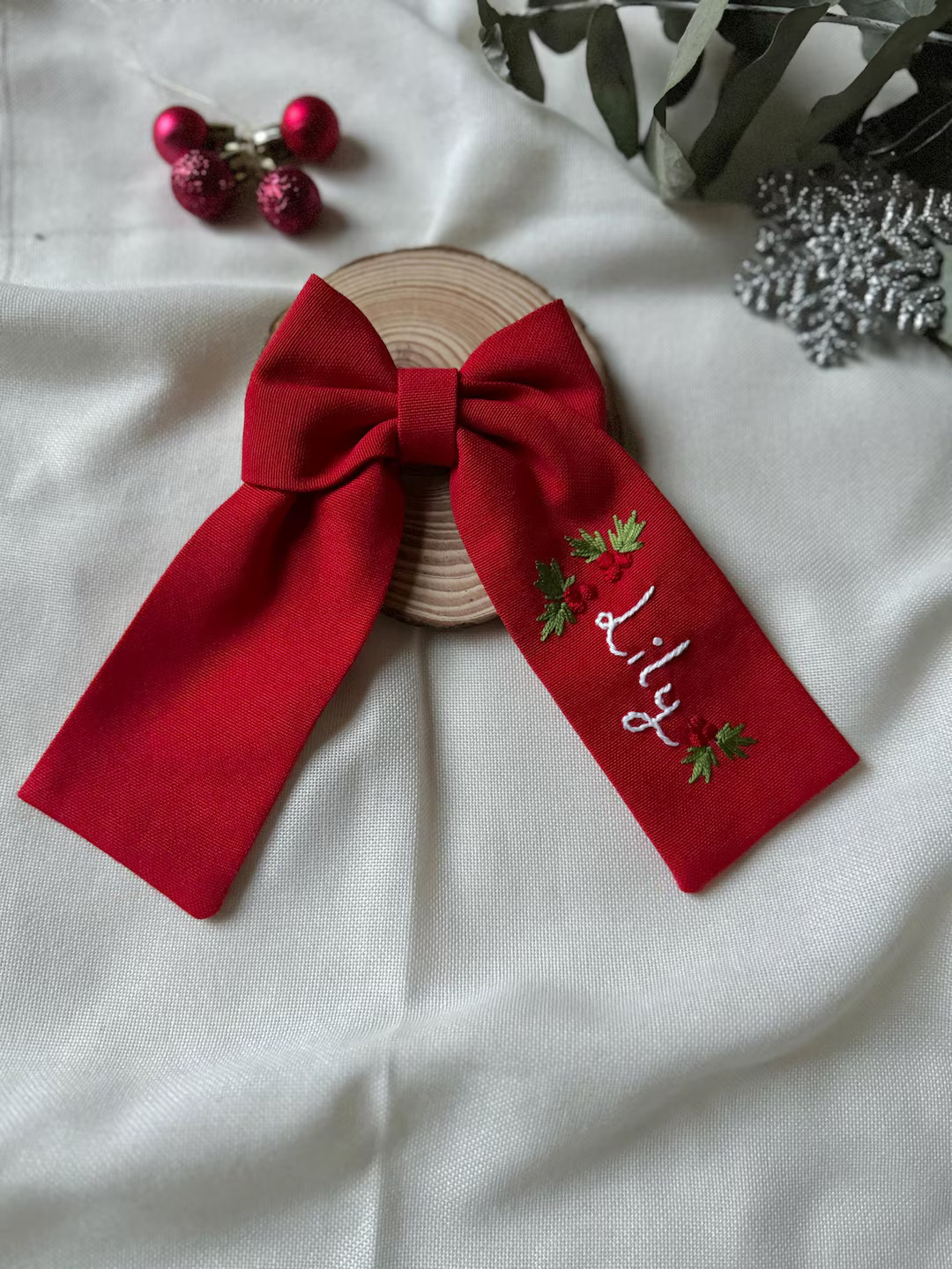 Personalised Red Christmas Bow, Holly Berry Embroidered Hair Bow Barette, Girls Christmas Gifts, ... | Etsy (US)
