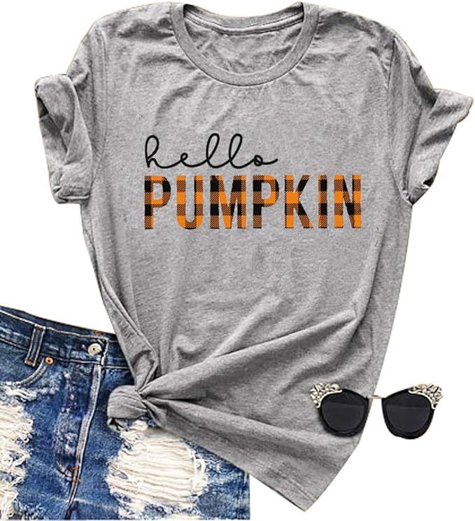 Hello Pumpkin Shirts Women Funny Plaid Print Tshirt Halloween Costume Tee Tops Graphic Short Slee... | Amazon (US)