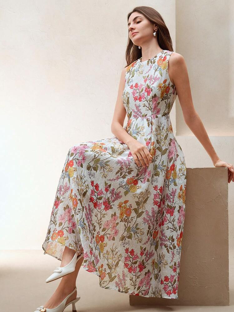 Anewsta Ladies' Spring And Summer Woven High-Quality Textured Fabric Printed Floral Sleeveless Vacation Dress | SHEIN