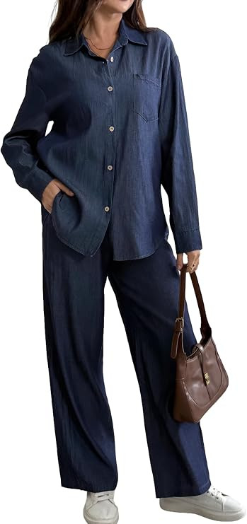 heipeiwa Women's 2 Piece Sets Denim Outfits Lightweight Long Sleeve Button Down Shirts Wide Jean ... | Amazon (US)