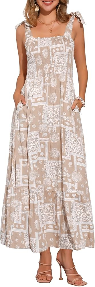 Allegra K Summer Spaghetti Strap Dress for Women's Beach Printed Square Neck Maxi Sun Dresses A-L... | Amazon (US)