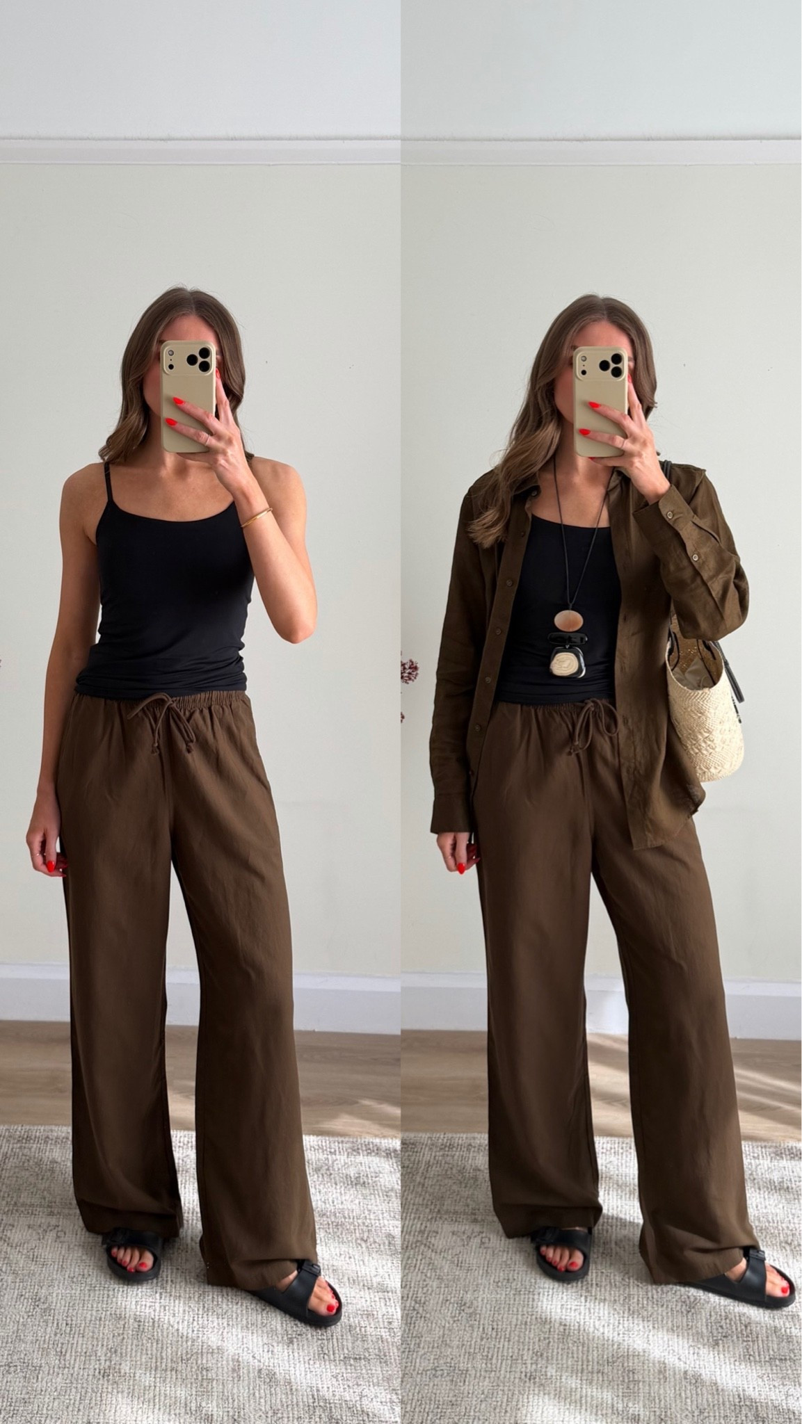 Large in the linen shirt in the colour 36 brown 
XS in the AIRism black best top
Small longer length in the easy linen blend trousers

AD. @uniqlo #UNIQLOLifeWear #Lifewear  #AIRism