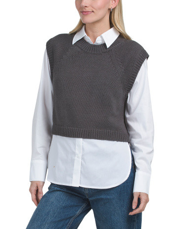 Long Sleeve Collared Twofer Sweater | TJ Maxx