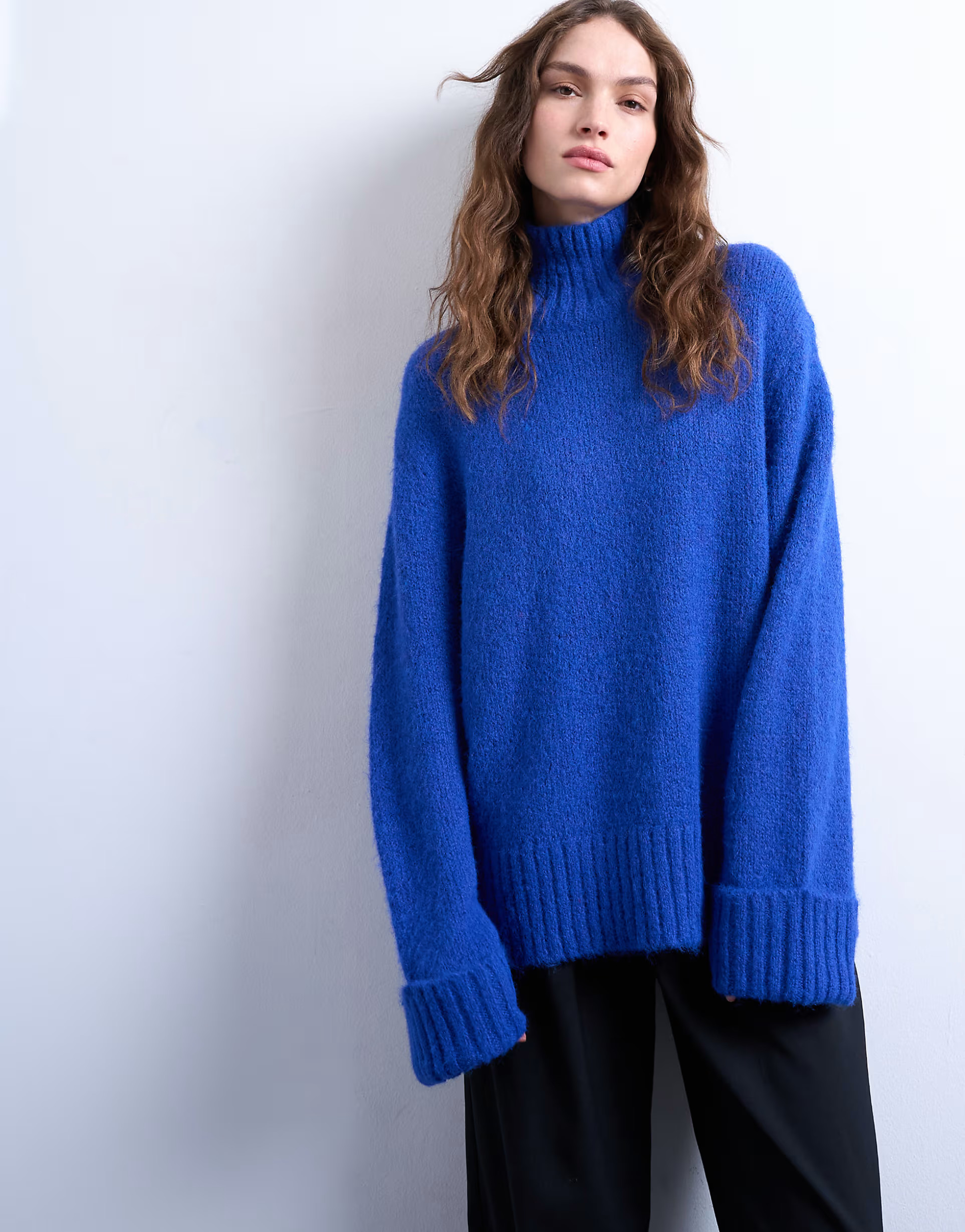 Topshop oversized high neck longline knit sweater with neck detail in blue | ASOS (Global)
