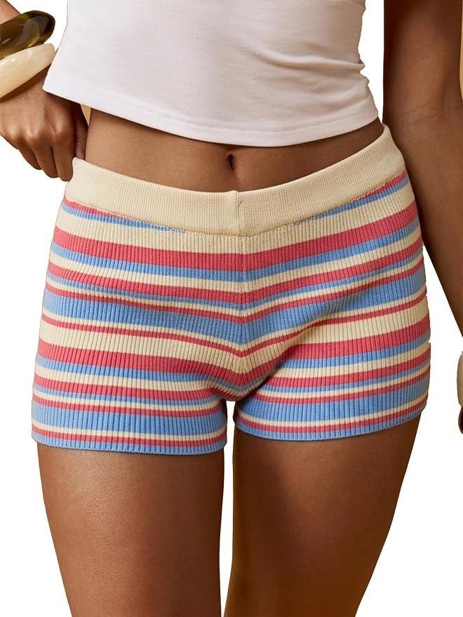 OYOANGLE Women's Y2K Summer Shorts Color Block Striped Ribbed Mini Shorts Elastic Waist Knitted L... | Amazon (US)