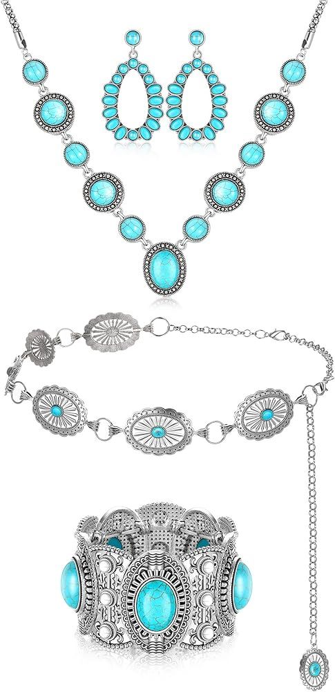 4 Pieces Bohemian Turquoise Western Jewelry Set Turquoise Concho Chain Waist Belt Turquoise Neckl... | Amazon (US)