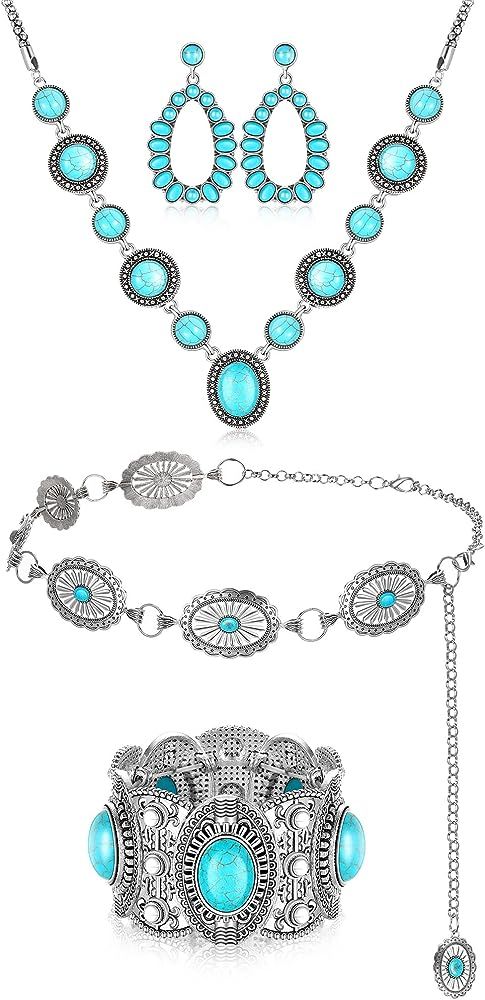 4 Pieces Bohemian Turquoise Western Jewelry Set Turquoise Concho Chain Waist Belt Turquoise Neckl... | Amazon (US)