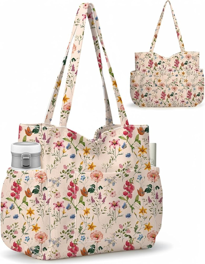 Corduroy Tote Bag for Women,Large Capacity Cute Tote Bags With 6 Pockets,Crossbody Shoulder Handbag for Work Travel Gym | Amazon (US)