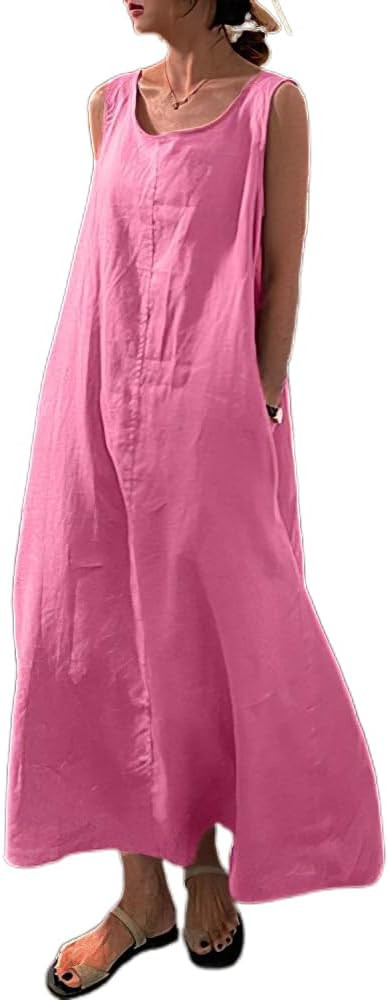 Akivide Womens Sleeveless Cotton Linen Maxi Dress Casual Loose Summer Beach Vacation Flowy Shift ... | Amazon (US)