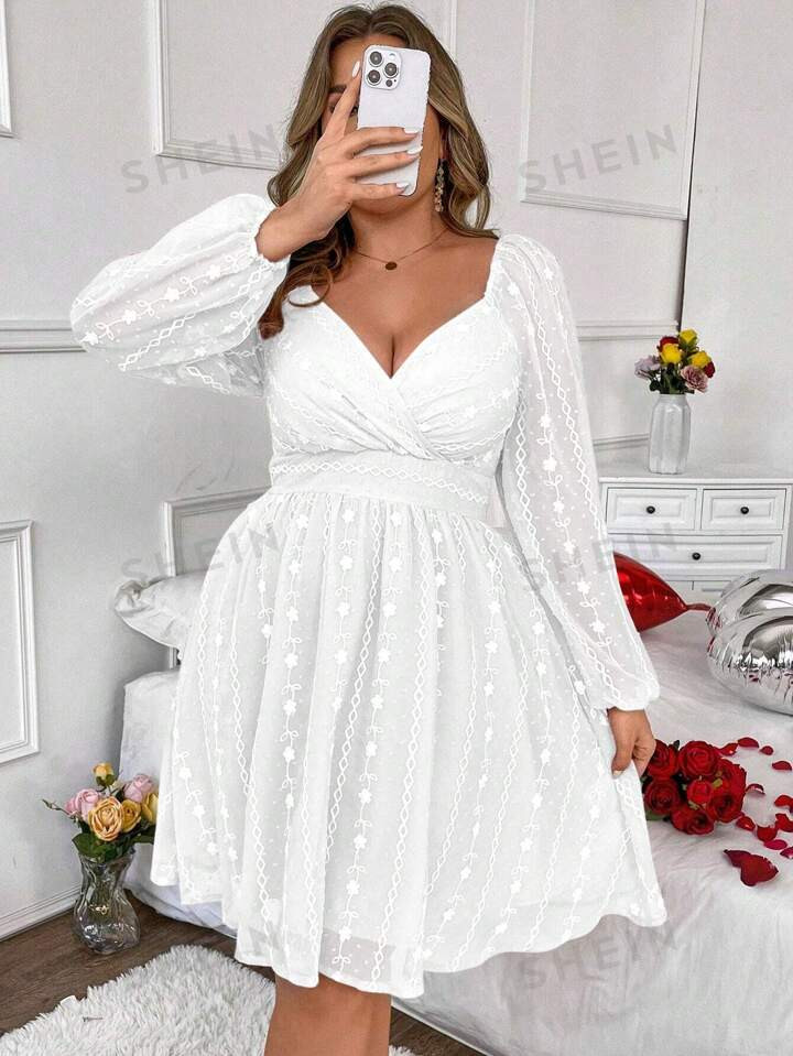 SHEIN Frenchy Plus Size Lantern Sleeve Dress With Full Print Pattern | SHEIN