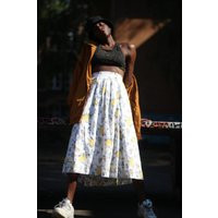 90S Floral Print Skirt | Vintage Women's Bohemian Pleated Midi Skirt in Yellow & White| Feminine Summer | Etsy (US)