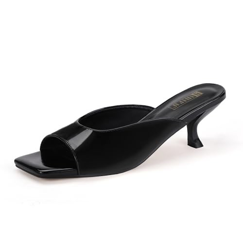 IDIFU Black Kitten Heels for Women Open Square Toe Low Heels Sexy Slip On Slide Heeled Sandals Comfortable Daily Casual Party Prom Dress Sandals Office Casual Summer Short Mule Heels (Black, 6.5) | Amazon (US)