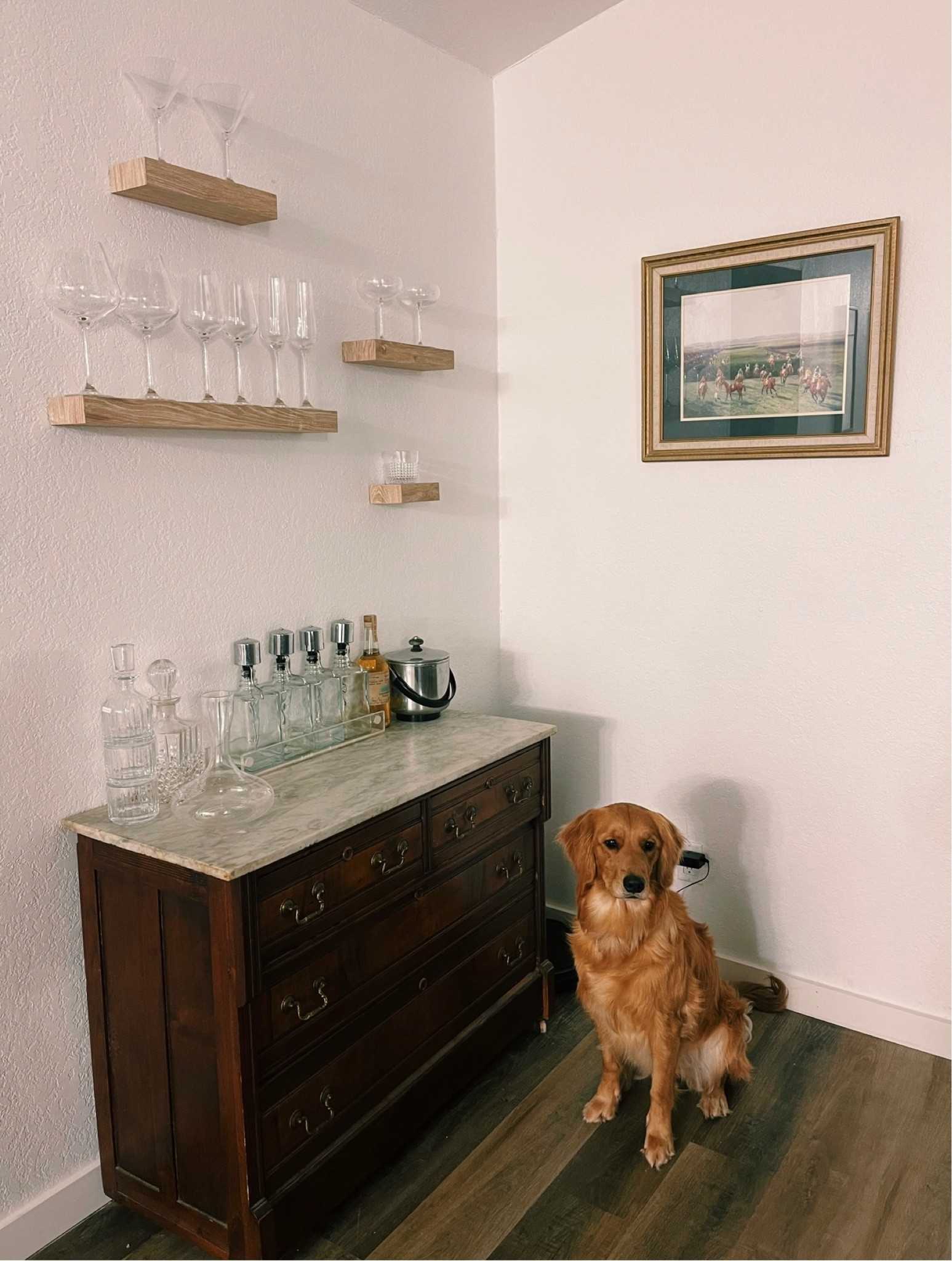At-home mini bar with floating shelves and timeless glassware 

#LTKhome