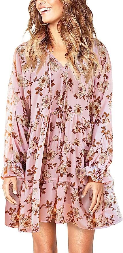 BLENCOT Women V Neck Ruffled Long Sleeve Tunic Dress Casual Floral Mini Boho Babydoll Dress S-XXL | Amazon (US)