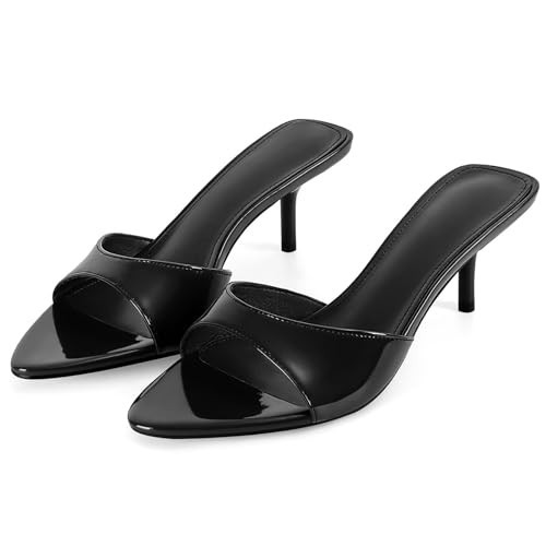 Dsevht Kitten Heels for Women Pointed Open Toe Slip on Mules Patent Leather Heeled Sandals Low Stiletto Heel Backless Dress Pumps for Wedding Party Office Summer Shoes | Amazon (US)