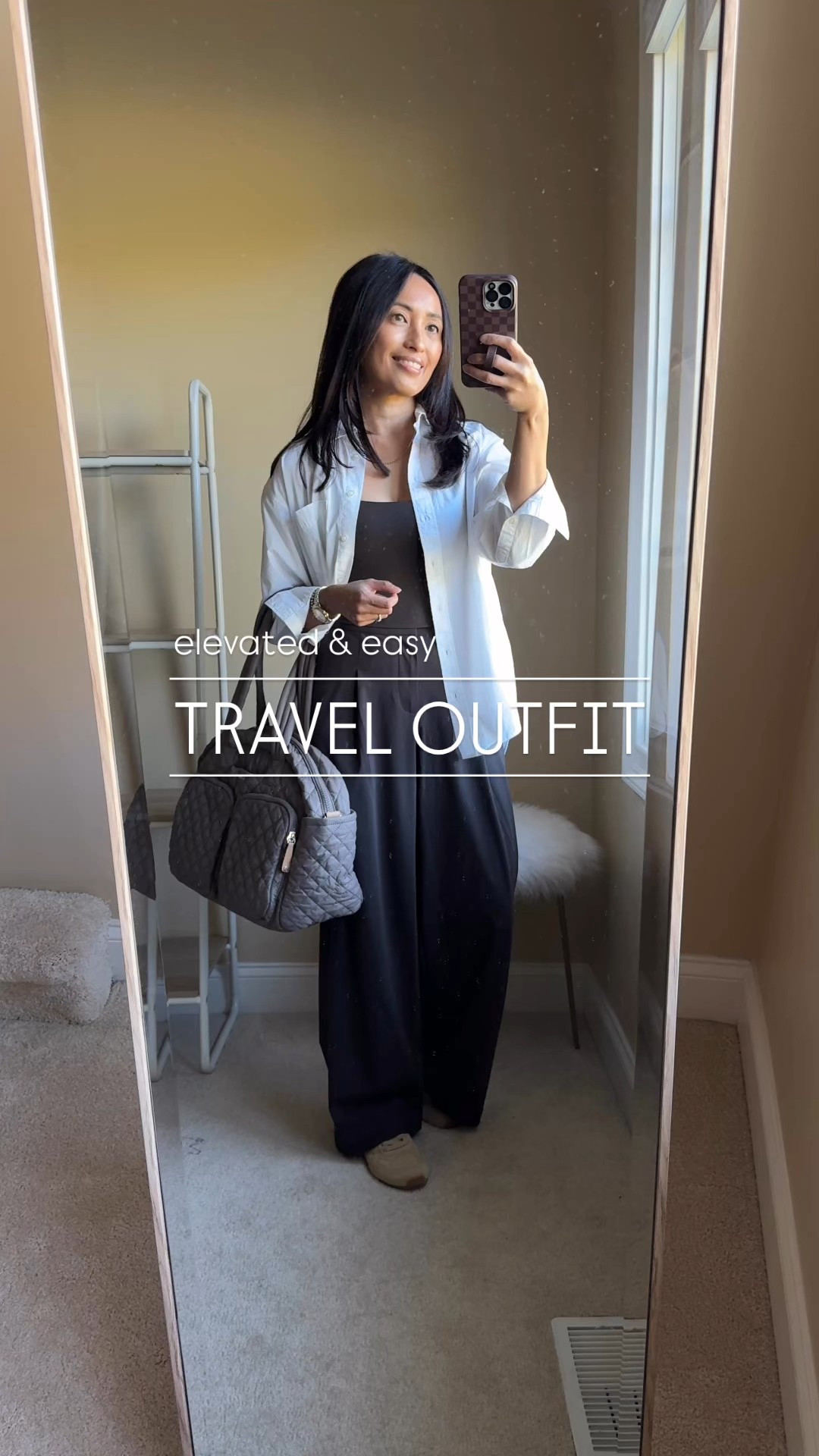 Elevated & easy travel outfit inspo. 
Polished look but make it comfy. 
-Trouser pants have tailored details with an elastic waist. Pleats give a dressy look (which would also work perfectly for the office).  Drapey fabric with a still casual feel.  True to size in exact pants. 
-Slim-fitting base layer is a good option especially if you’re headed to a warm destination. True to size in exact top. 
-Oversized button down is a great lightweight layer that will be useful during your trip as well. True to size in exact top  
-Travel bag is stylish and functional. 
-Slim profiles sneakers are a great complement to trouser pants. 

#LTKStyleTip #LTKTravel #LTKOver40