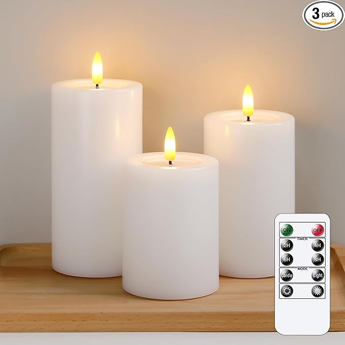 Remote Flameless Flickering Pillar Candles with Candle Grease Effect,Pack of 3 White LED Battery ... | Amazon (US)