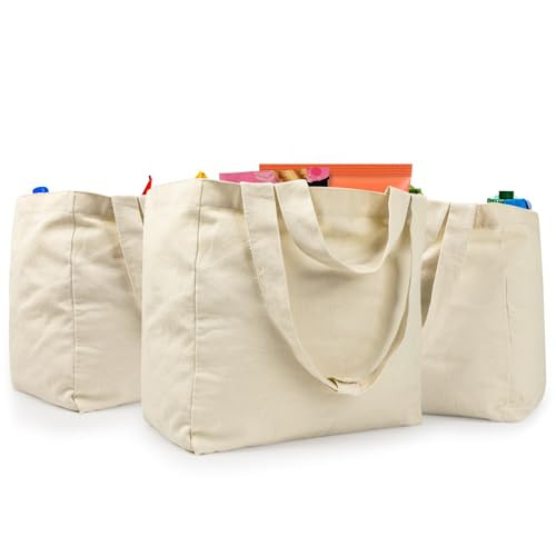 VitaSerena Reusable Canvas Grocery Bags with Dual Handles, 3pc XL Set, Inner Pockets, Washable, Shrink Resistant, Heavy Duty, Foldable | Amazon (US)