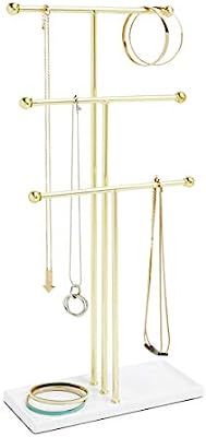 Umbra Brass Trigem Hanging Jewelry Organizer – 3 Tier Table Top Necklace Holder and Display, Wh... | Amazon (US)