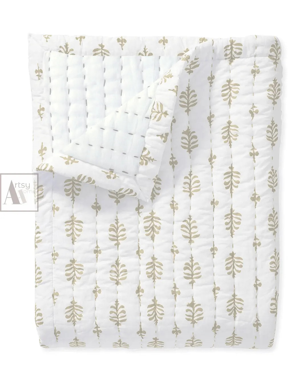 Solid White Cotton Kantha Quilt, Sand Color Printed Quilt, Handmade Quilt, Natural Blanket Throw,... | Etsy (US)