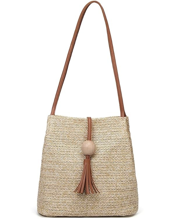 QZUnique Straw Handbags Women's Summer Beach Straw Bucket Tote Bag Straw Woven Handbag Tassel Sho... | Amazon (US)