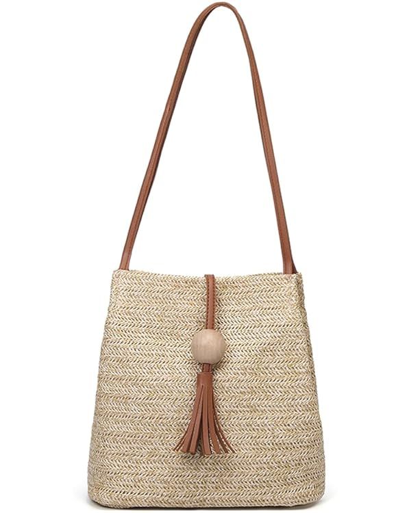 QZUnique Straw Handbags Women's Summer Beach Straw Bucket Tote Bag Straw Woven Handbag Tassel Sho... | Amazon (US)