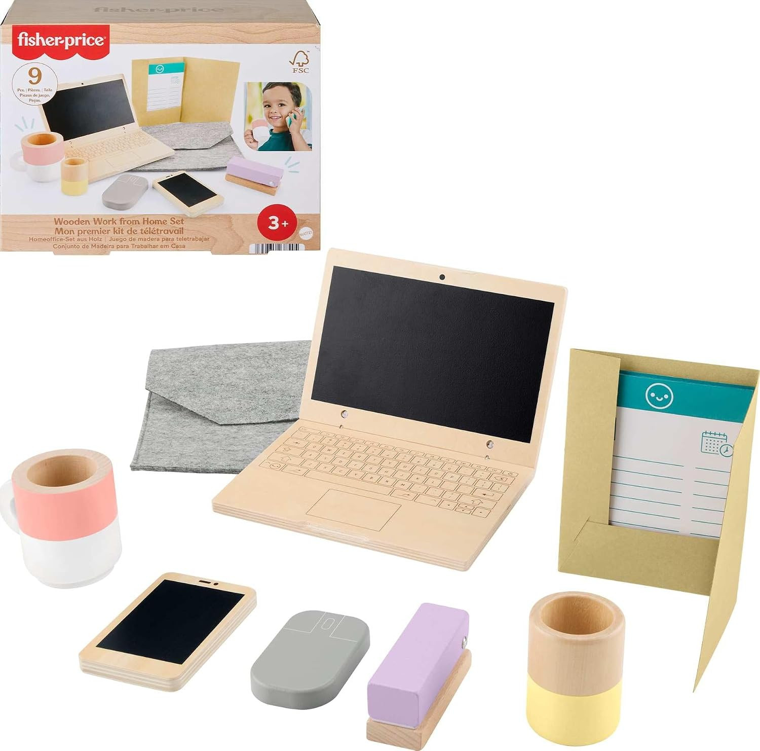 Fisher-Price Wood Pretend Play Work from Home Set, 9-Piece Office Playset with Wooden Toy Laptop & Phone for Preschool Kids Ages 3+ Years | Amazon (US)