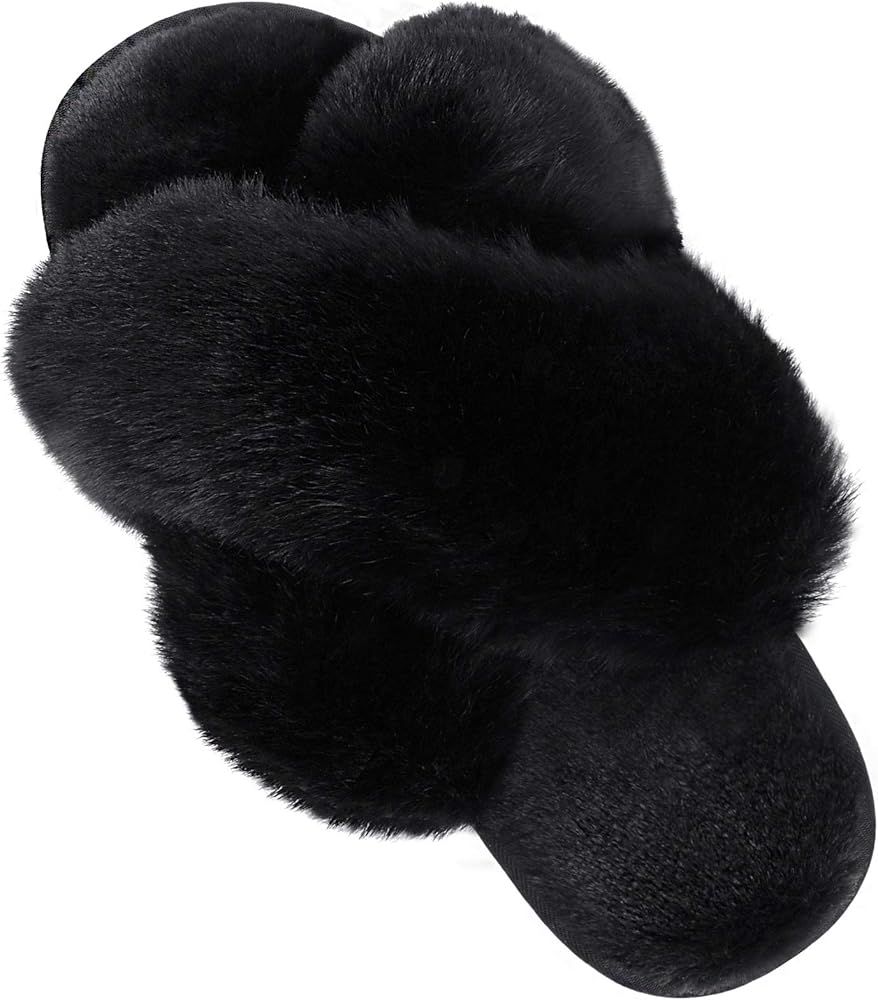 Amazon.com | DOIOWN Women's Fuzzy Slippers Cross Band Fluffy Slippers Faux Fur Slippers Plush Hou... | Amazon (US)