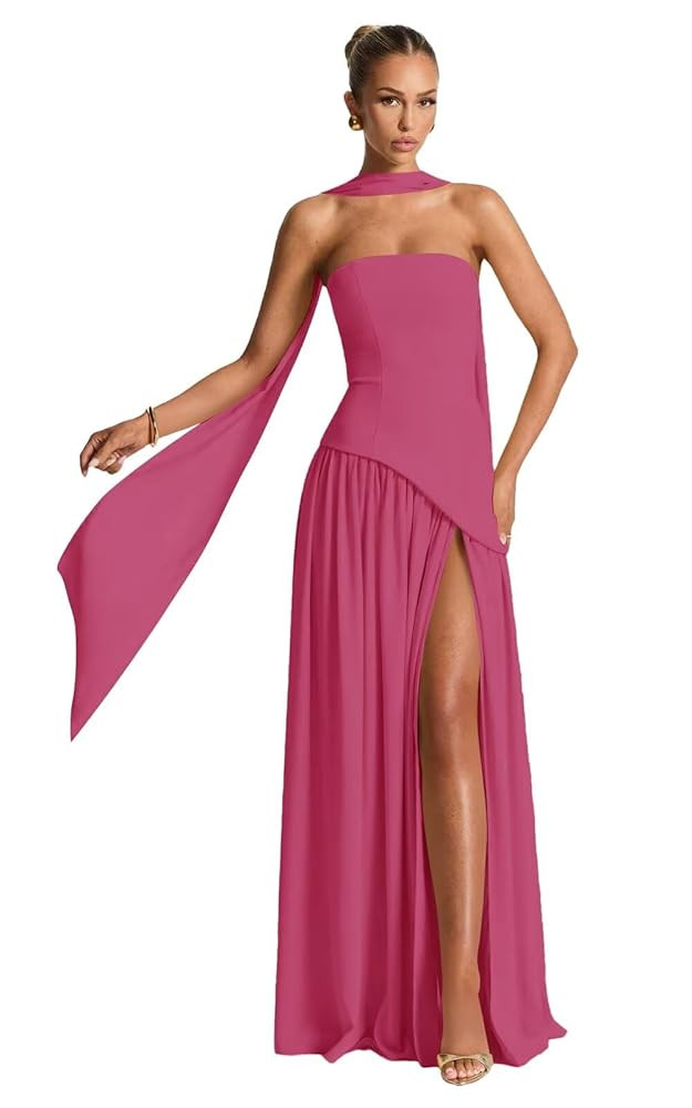 Strapless Bridesmaid Dresses for Women with Scarf Chiffon Halter Pleated A-Line Long Prom Dresses... | Amazon (US)
