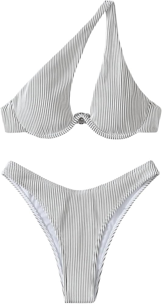 SweatyRocks Women's Ribbed Push Up Bikini Swimsuit One Shoulder Cut Out Bathing Suit | Amazon (US)