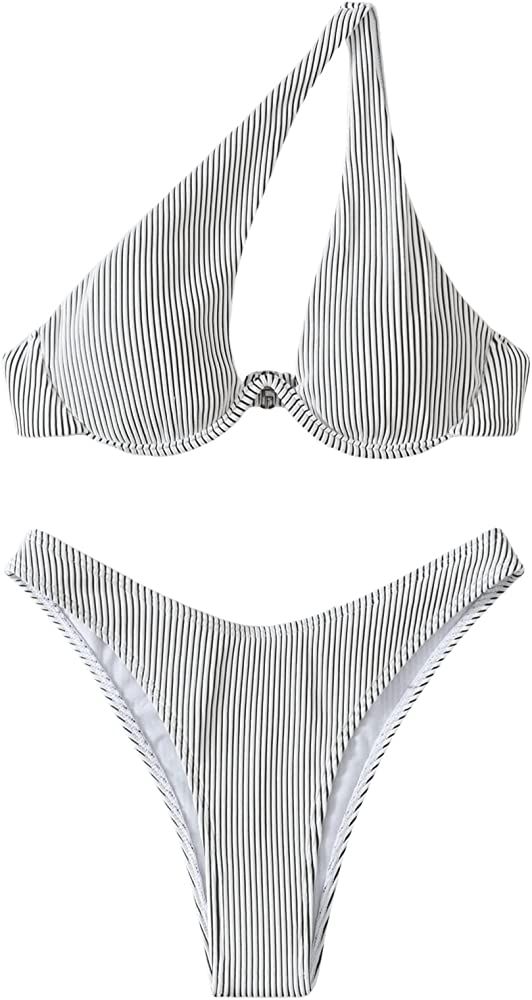 SweatyRocks Women's Ribbed Push Up Bikini Swimsuit One Shoulder Cut Out Bathing Suit | Amazon (US)