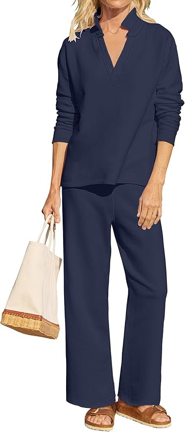 ANRABESS Lounge Sets for Women 2 Piece Outfits Sweatsuit Set Fall V Neck Sweatshirts Wide Leg Pan... | Amazon (US)