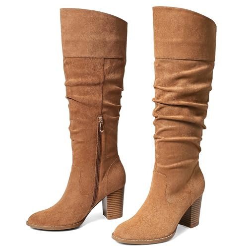 MeiLuSi Fall Boots for Women 2025, Brown Tall Suede Boots Knee High, Tan Slouchy Shoes Long Christmas Shoes Chunky Heel Zipper Size 8.5 | Amazon (US)