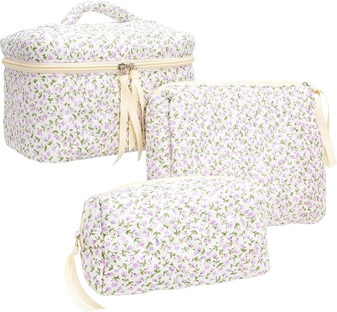 PAZIMIIK 3PCS Makeup Bag SET Large Travel Quilted Zipper Soft Cosmetic Case Pouch for Women Girls... | Amazon (US)